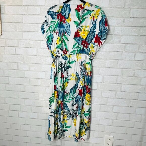 Tropical Rayon Floral Button Midi Dress Size Large Vacation Resort Boho Beachy - Picture 2 of 12